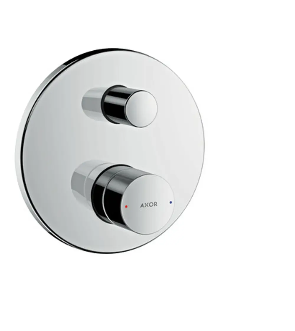 Wannenmischer mit zwei Betätigungsgriffen in Chrom-Ausführung, montiert auf einer runden Wandplatte. Markenlogo „AXOR“ sichtbar.